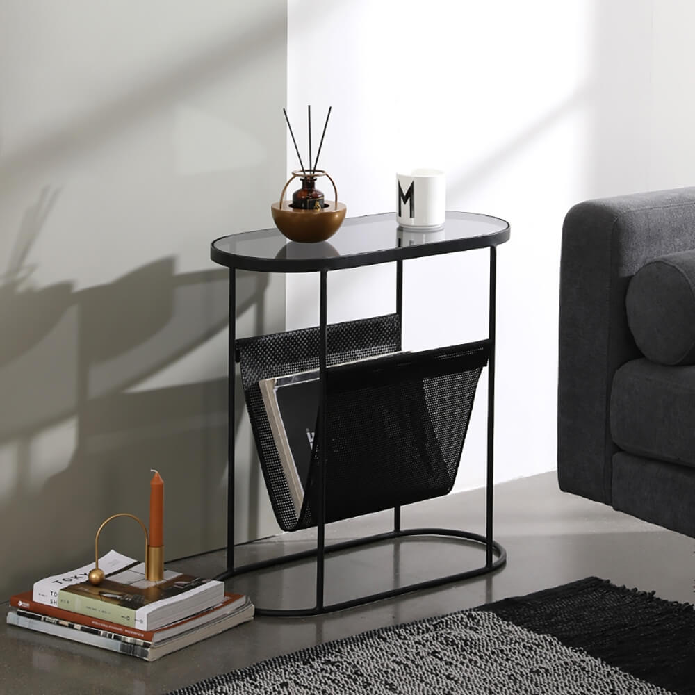 Modern Black Oval Glass End Table With Metal Frame