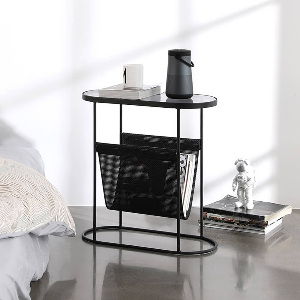 Modern Black Oval Glass End Table With Metal Frame