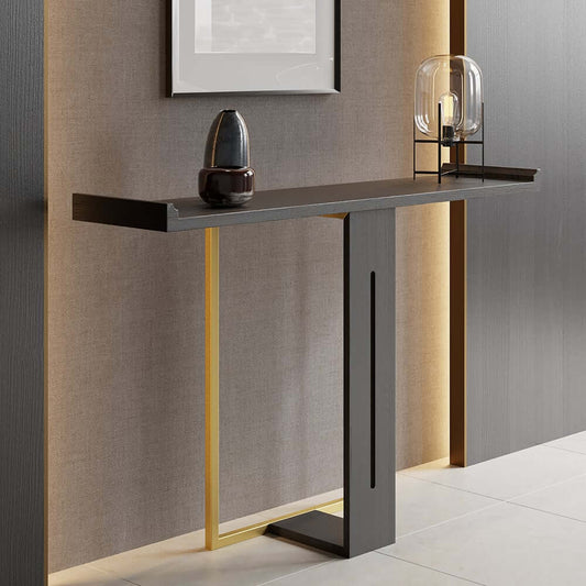 Modern Black Pine Wood Console Table with Gold Metal Base