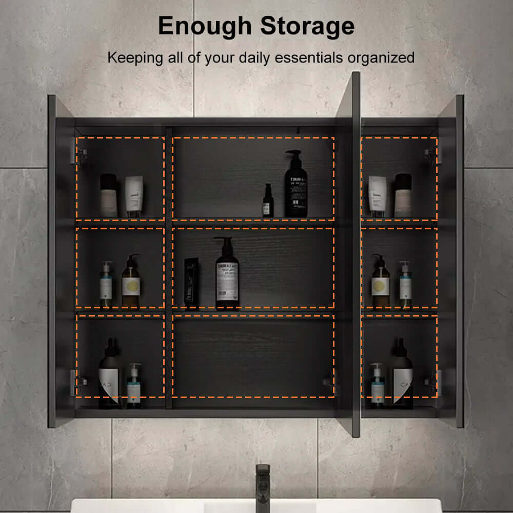 Modern Black Plywood LED Lighted Medicine Cabinet with Shelves