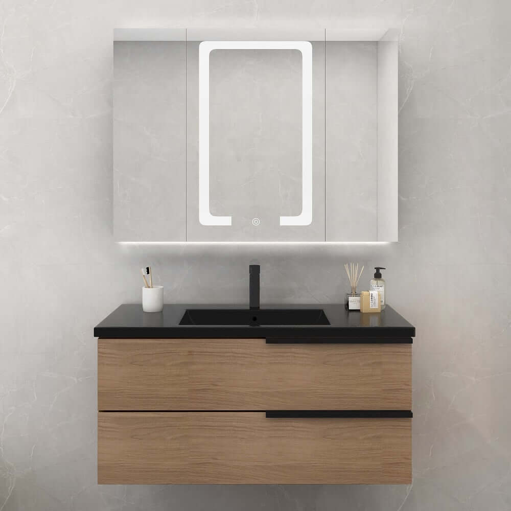 Modern Black Plywood LED Lighted Medicine Cabinet with Shelves