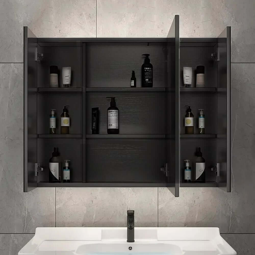 Modern Black Plywood LED Lighted Medicine Cabinet with Shelves