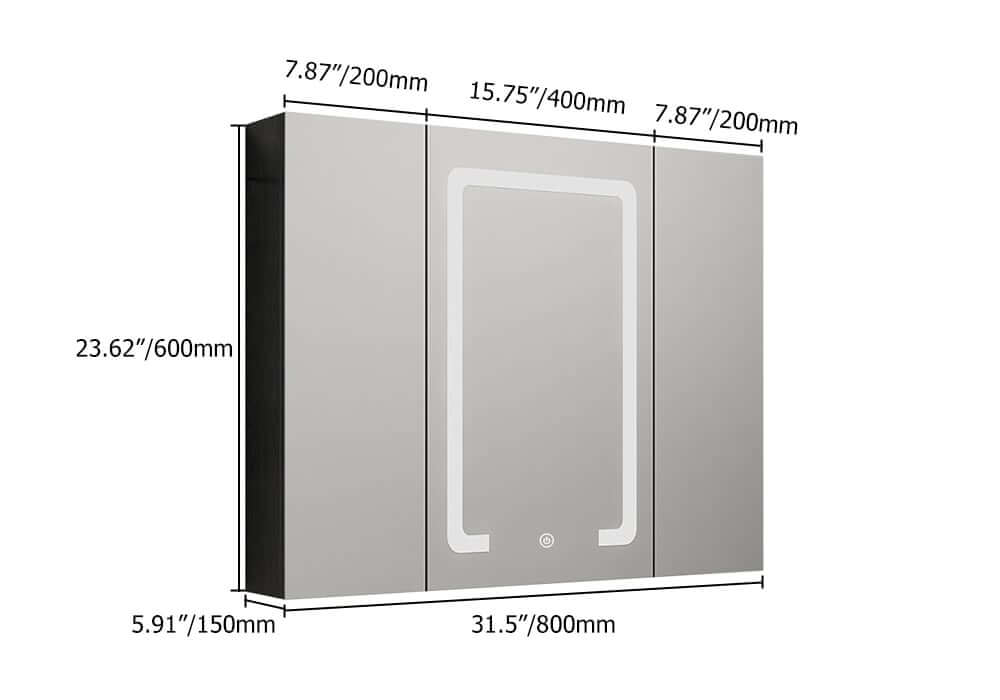 Modern Black Plywood LED Lighted Medicine Cabinet with Shelves Dimensions