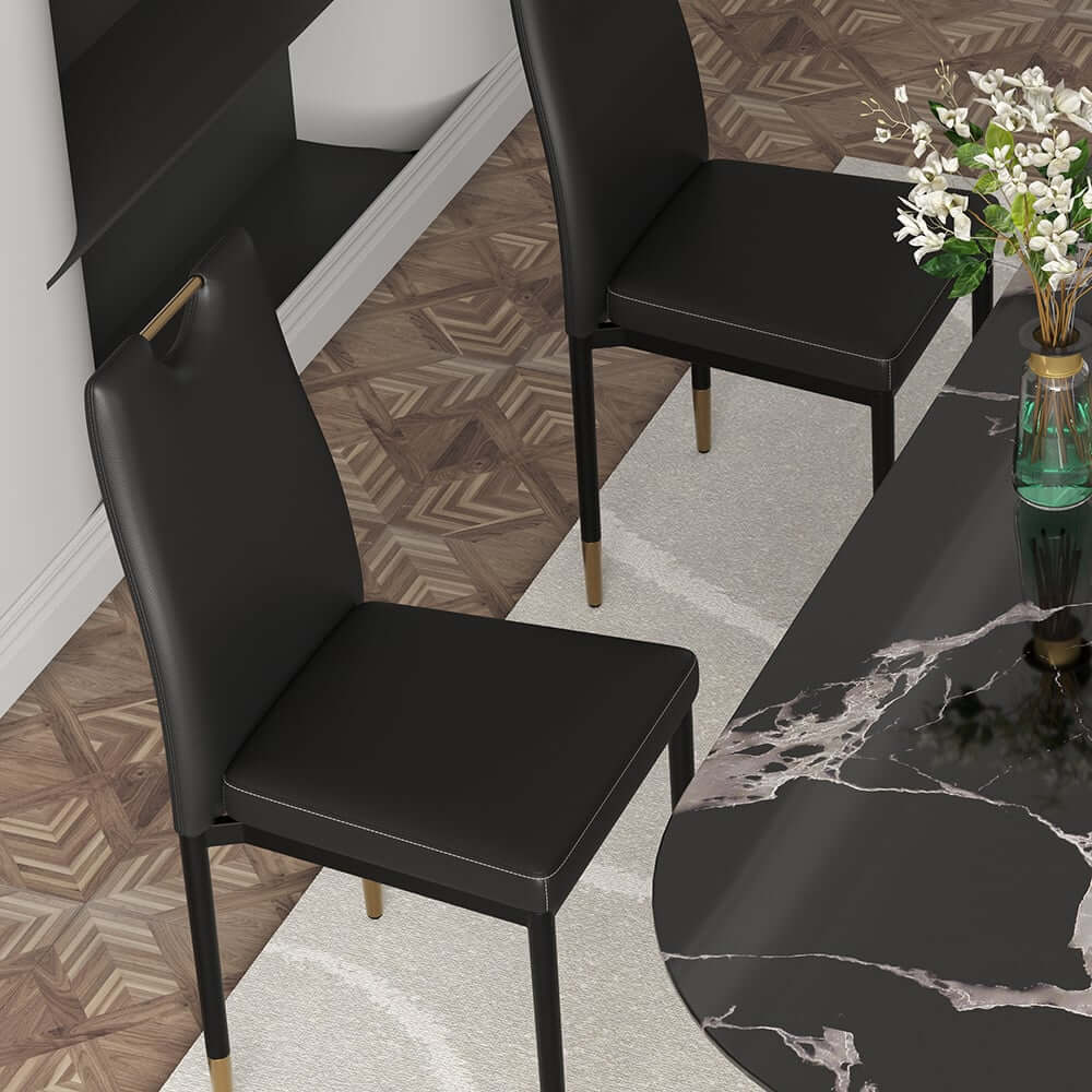 Modern Black PU Leather Side Chairs With Gold Legs, Set of 2