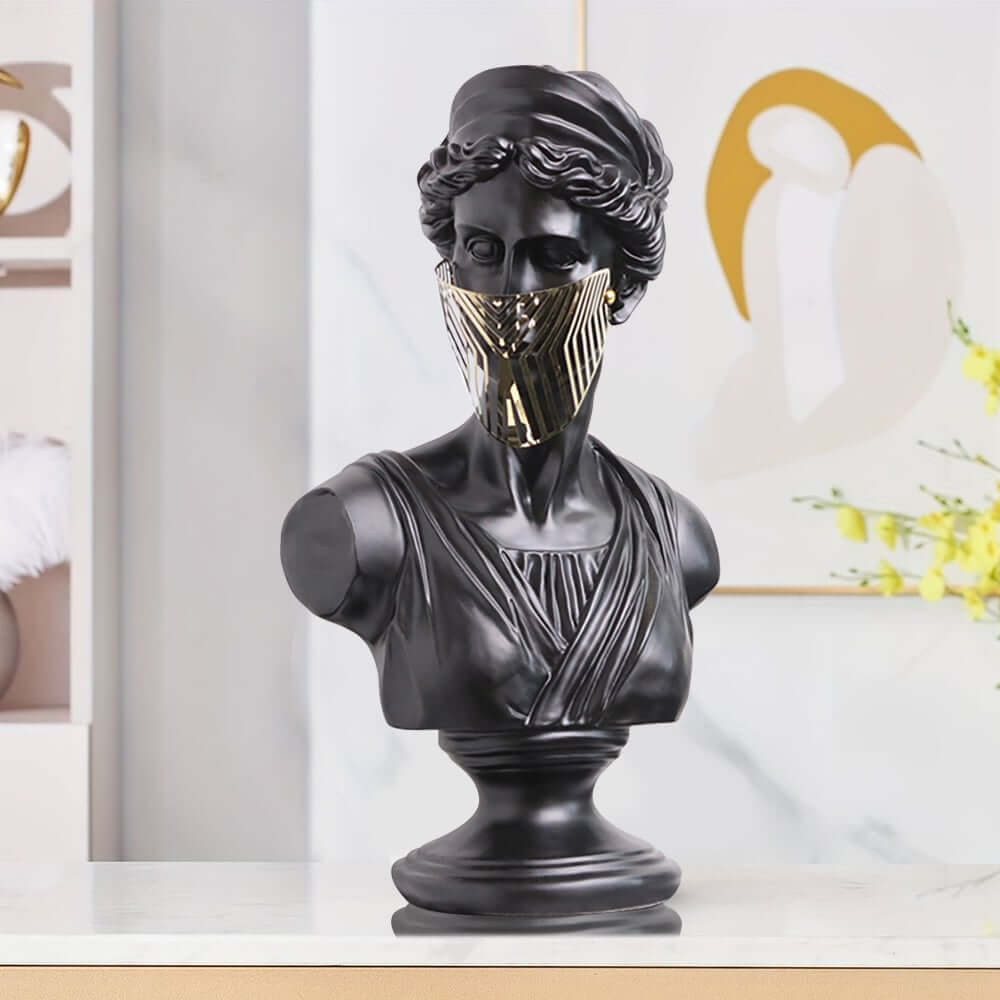 Modern Black Resin Sculpture with LED Accent – Greek Goddess Bust