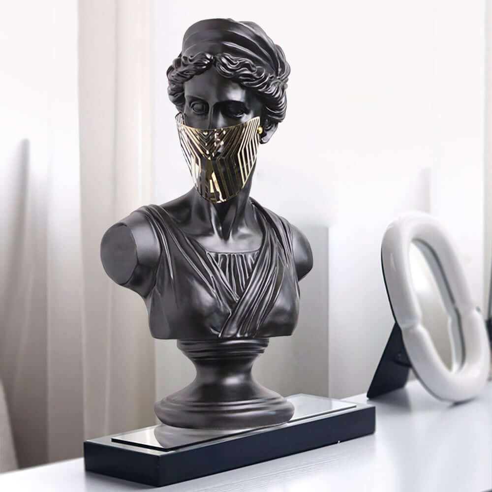 Modern Black Resin Sculpture with LED Accent – Greek Goddess Bust