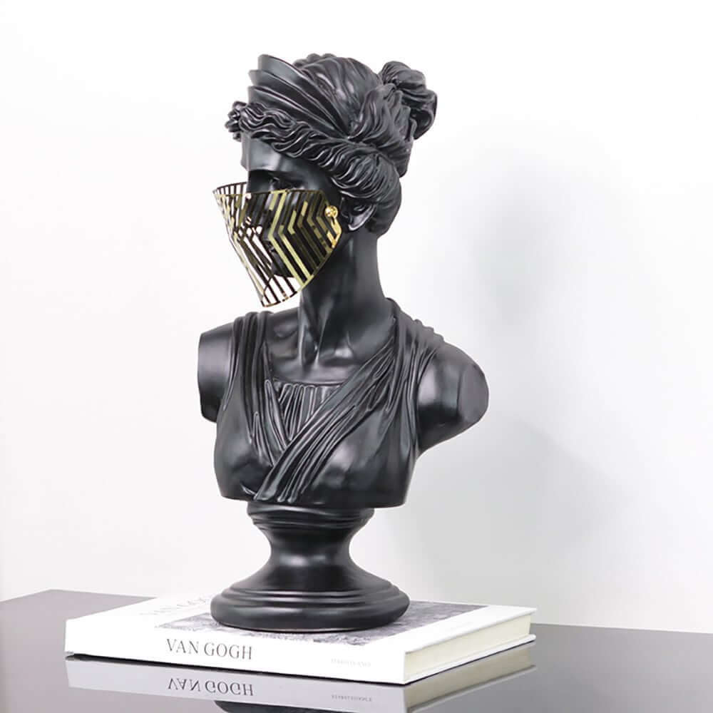 Modern Black Resin Sculpture with LED Accent – Greek Goddess Bust