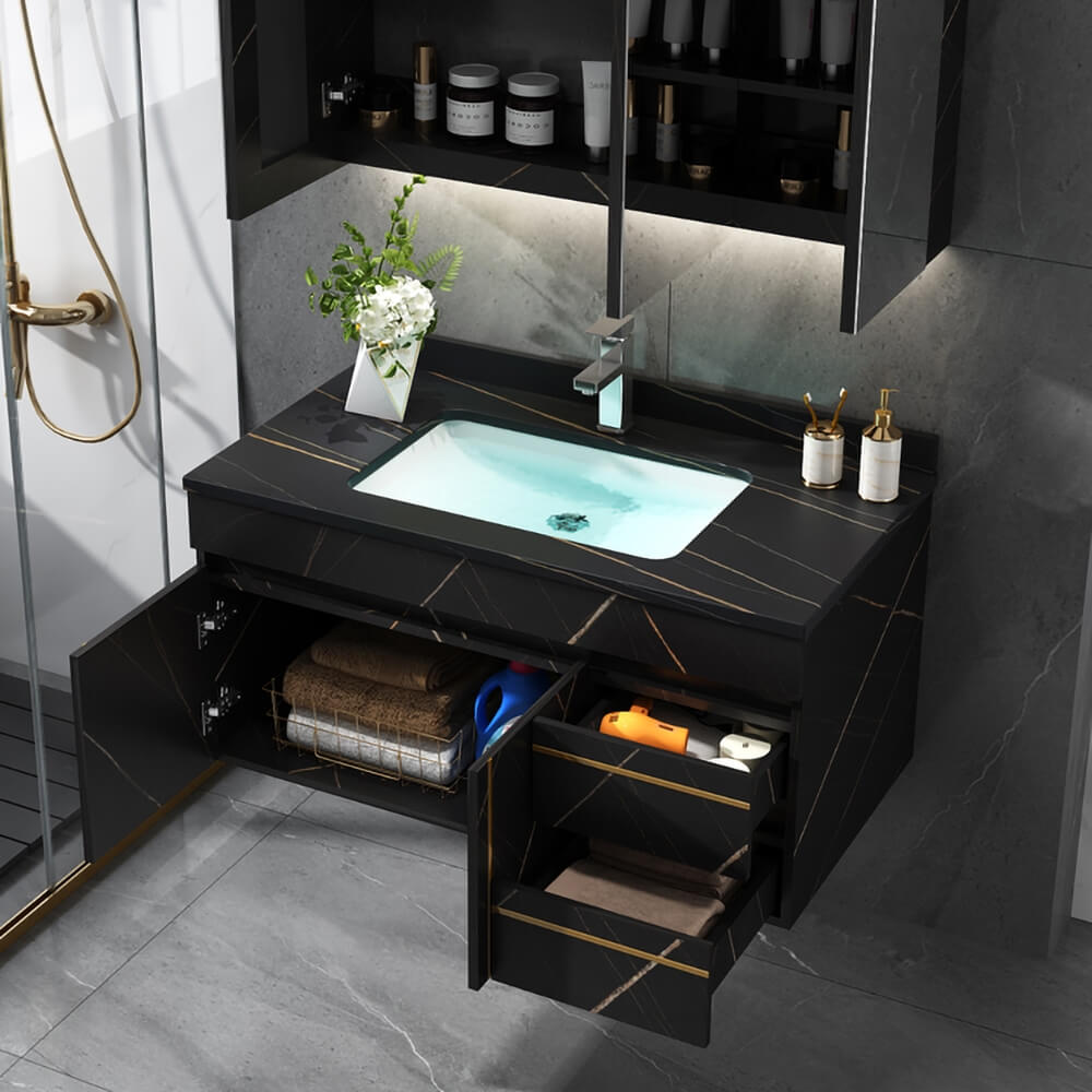 Modern Black Sintered Stone Bathroom Vanity with Undermount Sink