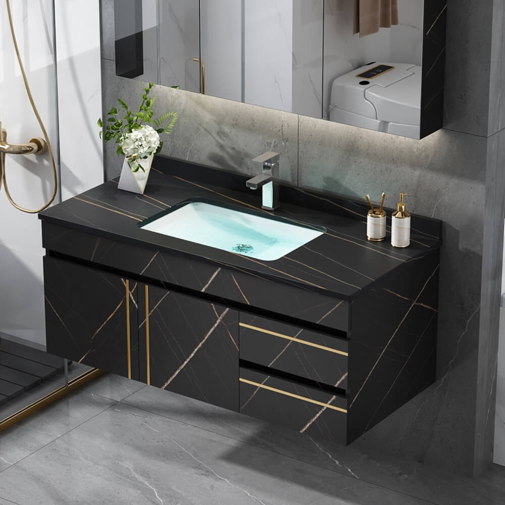 Modern Black Sintered Stone Bathroom Vanity with Undermount Sink