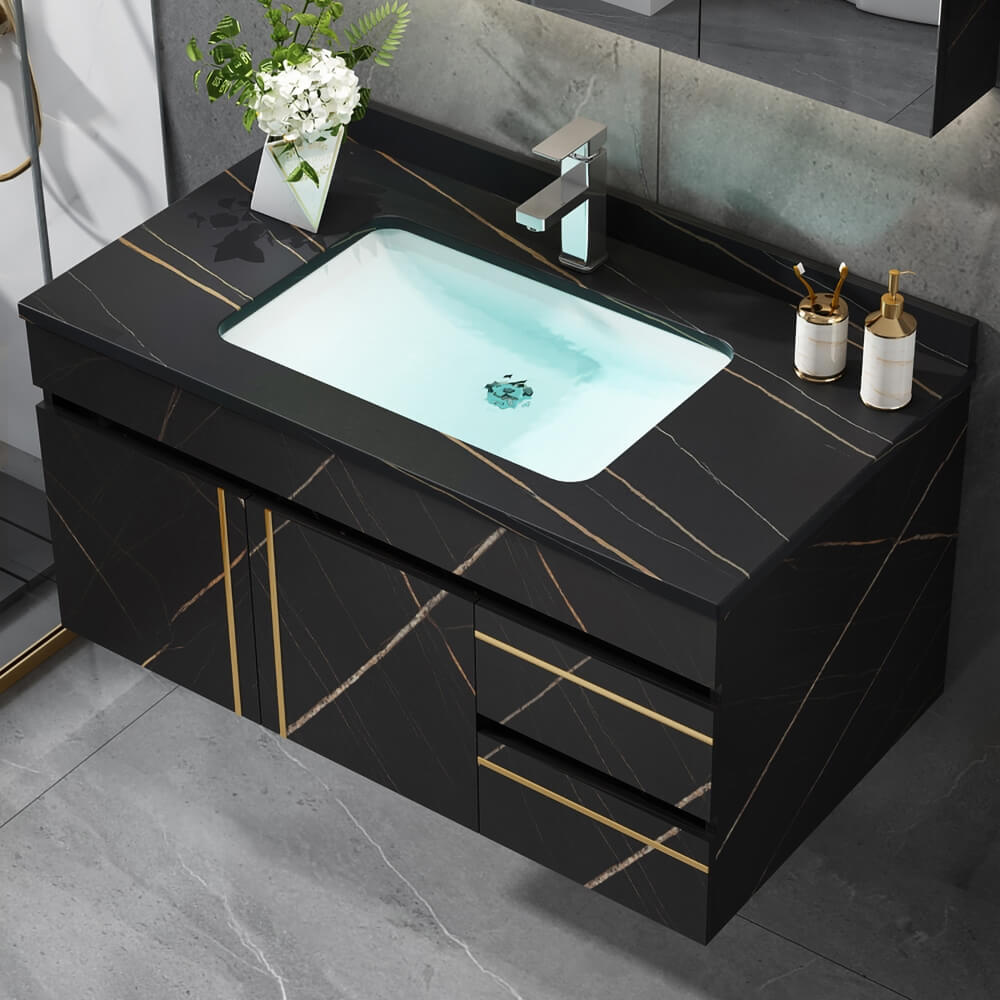Modern Black Sintered Stone Bathroom Vanity with Undermount Sink