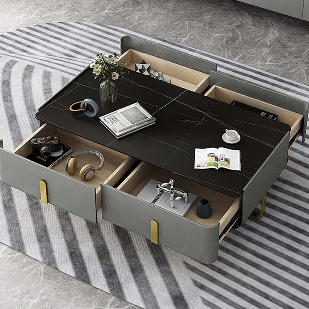 Modern Black Sintered Stone Coffee Table With Drawers