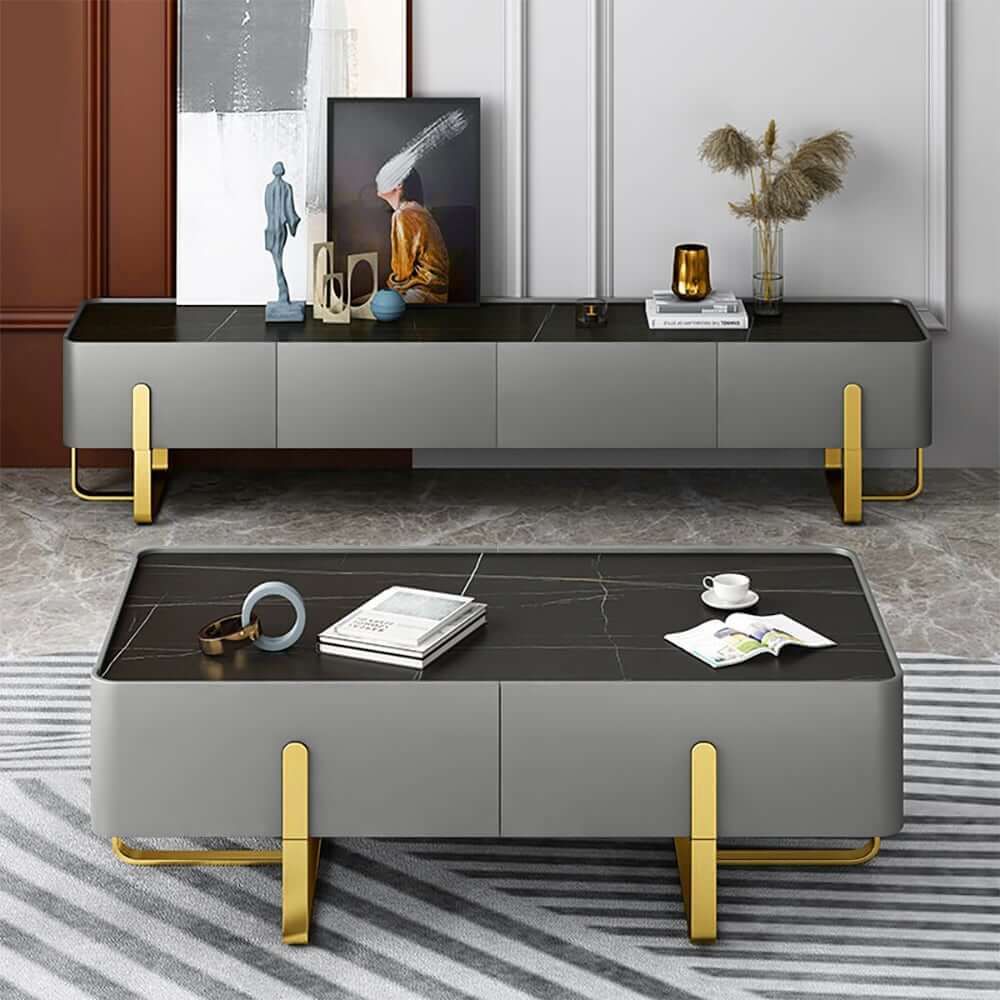 Modern Black Sintered Stone Coffee Table With Drawers