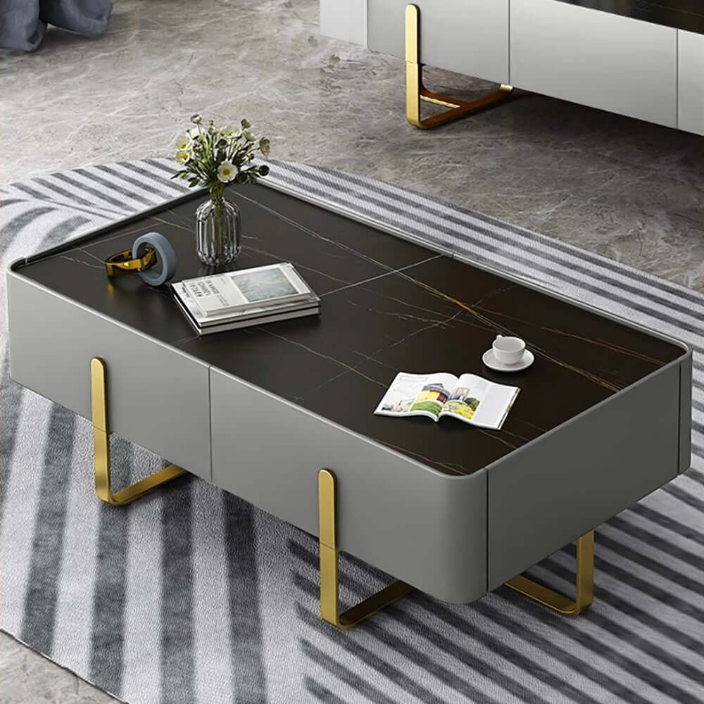 Modern Black Sintered Stone Coffee Table With Drawers