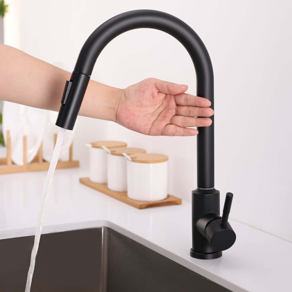 Modern Black Stainless Steel Touch Kitchen Faucet with High Arc Swivel Spout