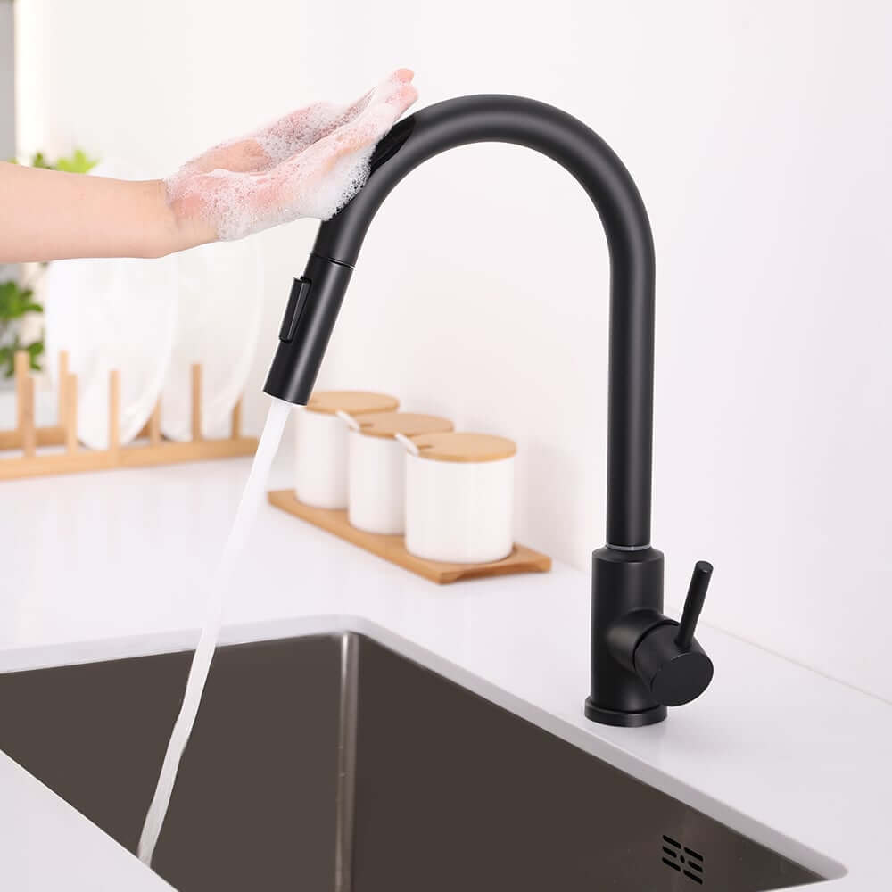 Modern Black Stainless Steel Touch Kitchen Faucet with High Arc Swivel Spout