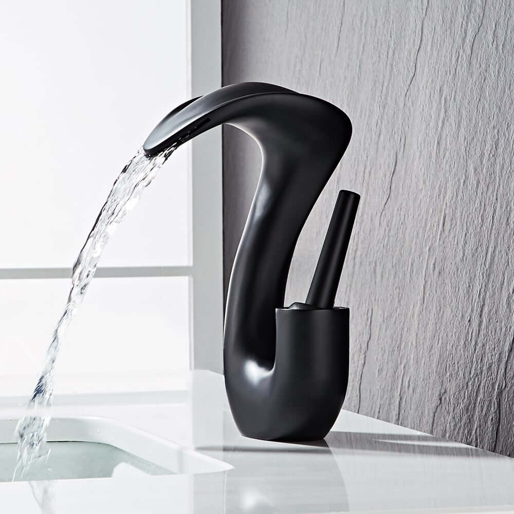 Modern Black Waterfall Bathroom Faucet with Brass Body and Lever Handle