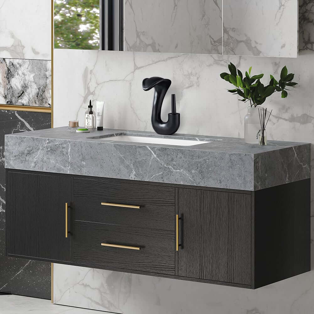 Modern Black Waterfall Bathroom Faucet with Brass Body and Lever Handle