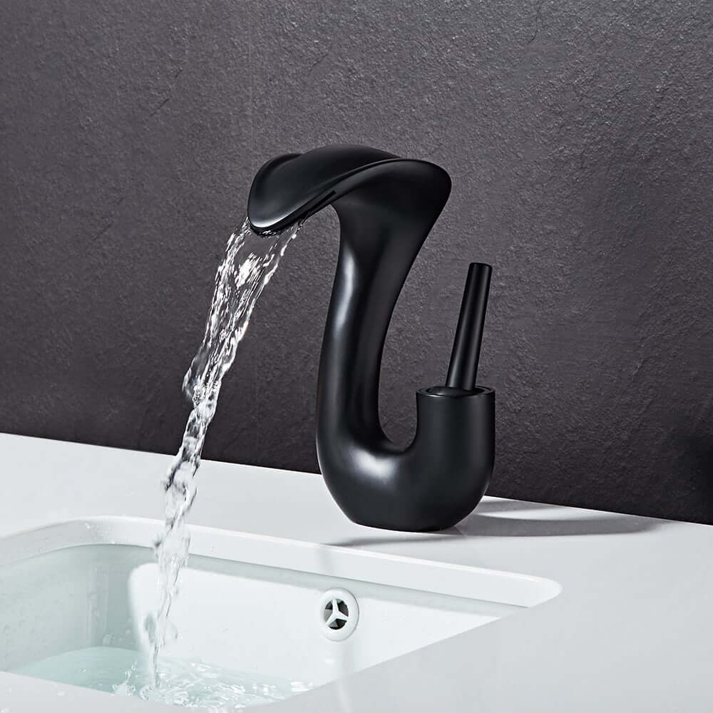 Modern Black Waterfall Bathroom Faucet with Brass Body and Lever Handle Main Product Image