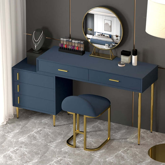Modern Blue and Gold Makeup Vanity Set with Stool and Mirror