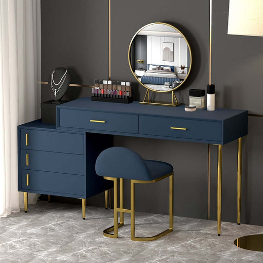 Modern Blue and Gold Makeup Vanity Set with Stool and Mirror Main Product Image