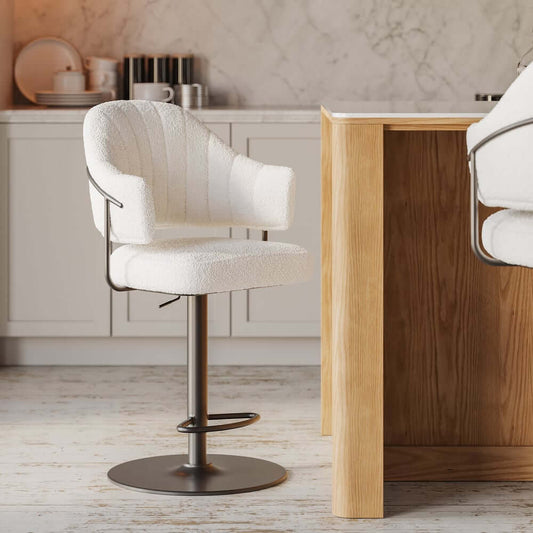 Modern Boucle Counter Stool With Curved Back & Swivel