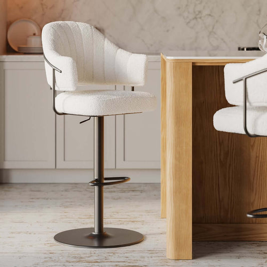 Modern Boucle Counter Stool With Curved Back & Swivel Main Product Image