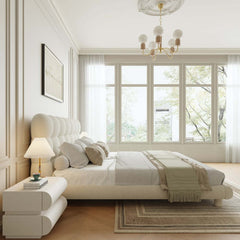 Modern Boucle King Platform Bed With Tufted Headboard