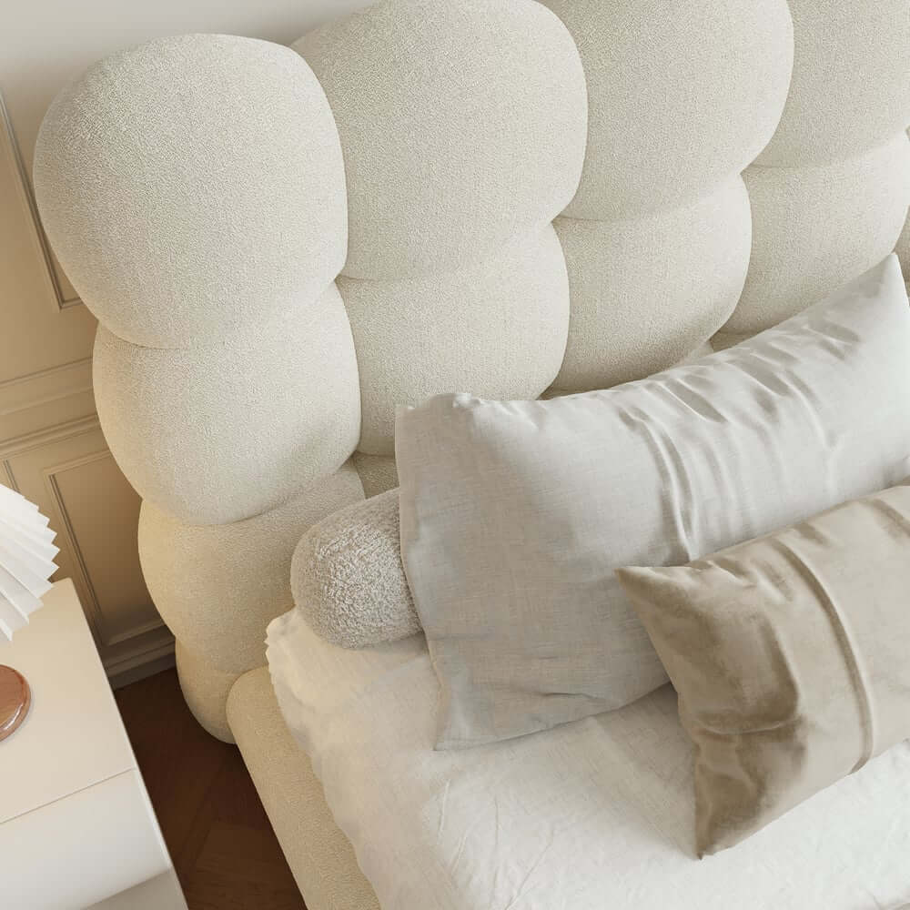 Modern Boucle King Platform Bed With Tufted Headboard