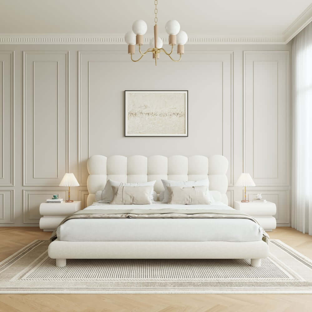 Modern Boucle King Platform Bed With Tufted Headboard