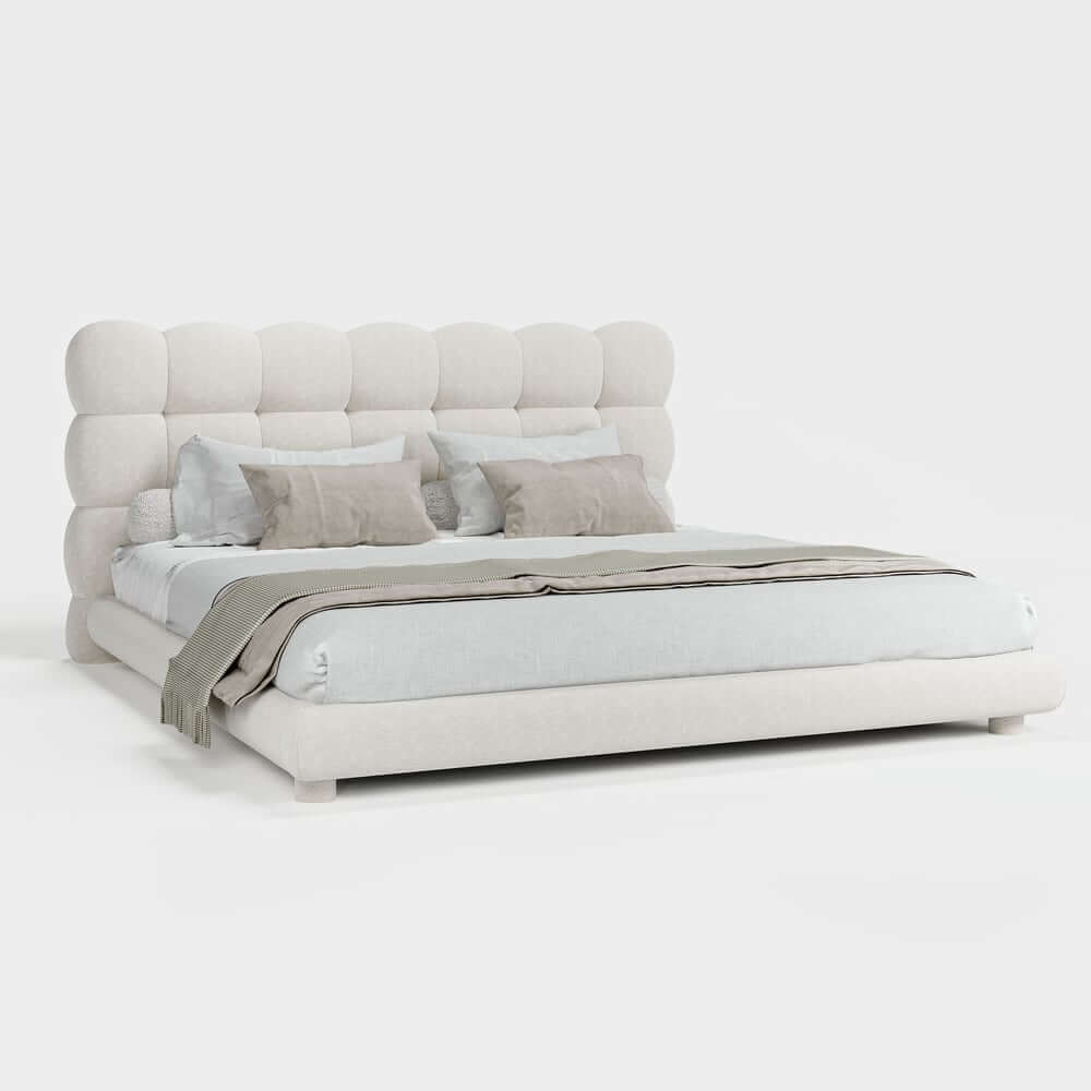 Modern Boucle King Platform Bed With Tufted Headboard
