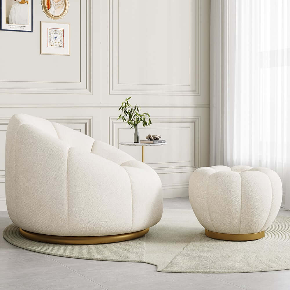 Modern Boucle Pumpkin Ottoman With Gold Legs