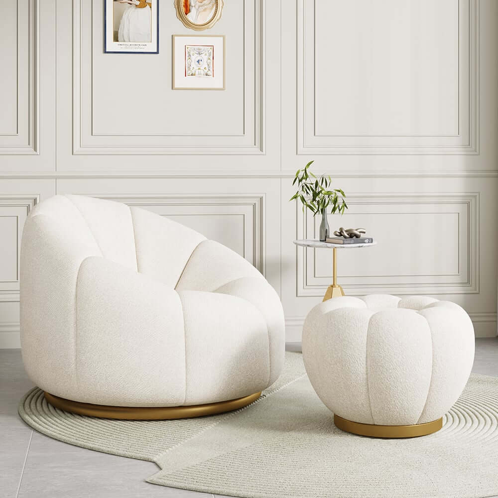 Modern Boucle Pumpkin Ottoman With Gold Legs