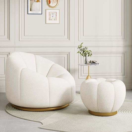 Modern Boucle Pumpkin Ottoman With Gold Legs