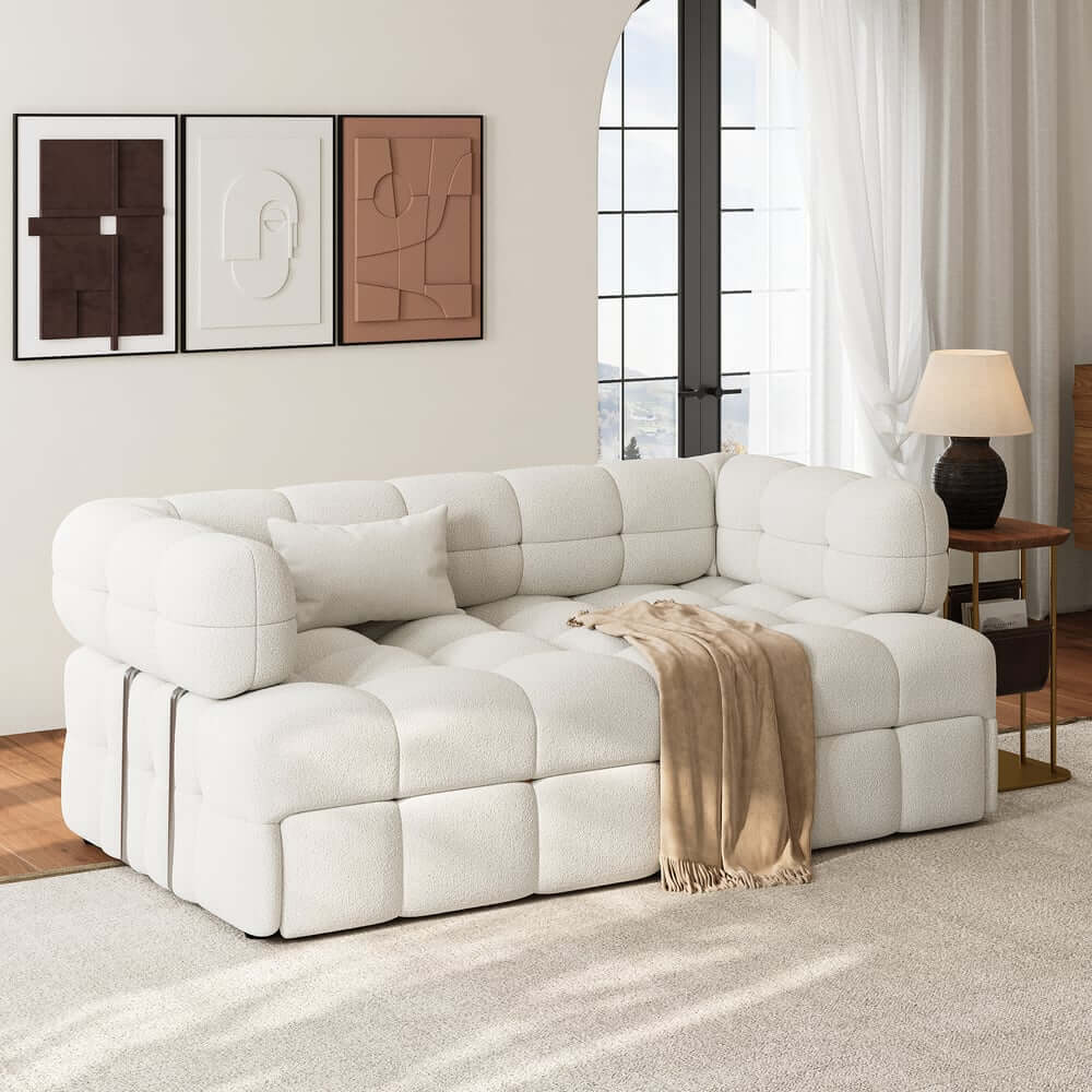 Modern Boucle Sofa Bed With Flared Arms And Pine Frame