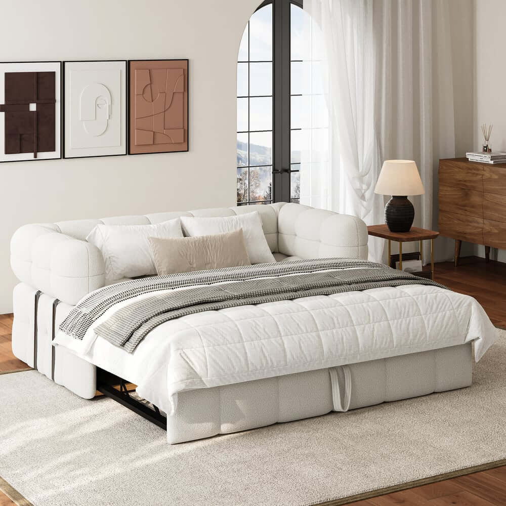 Modern Boucle Sofa Bed With Flared Arms And Pine Frame