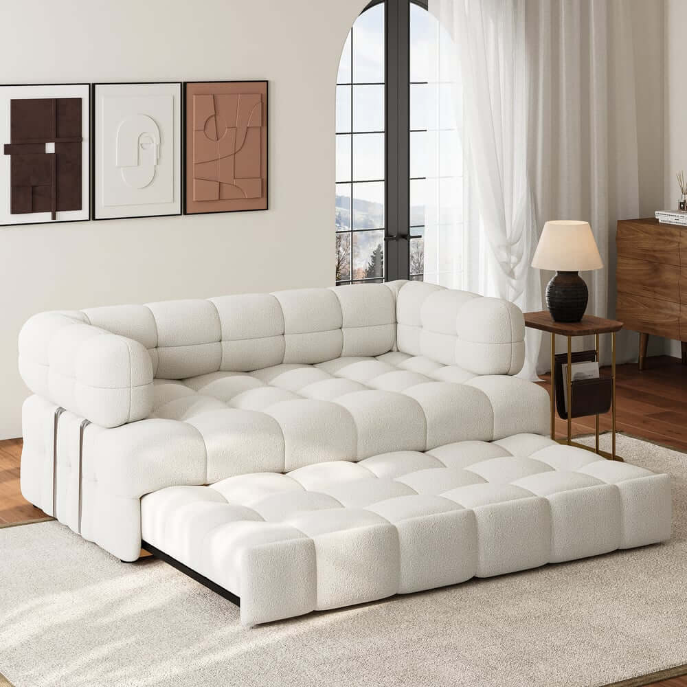 Modern Boucle Sofa Bed With Flared Arms And Pine Frame