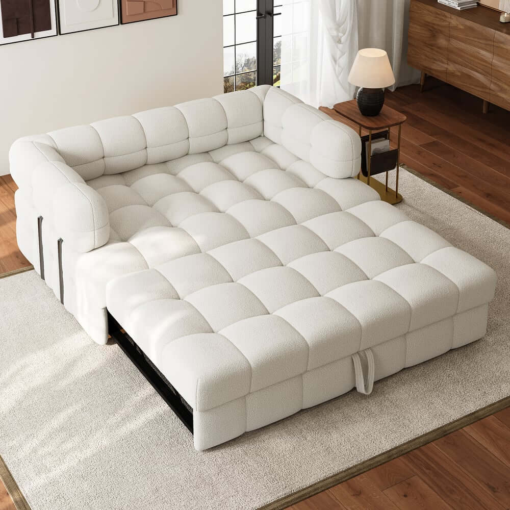 Modern Boucle Sofa Bed With Flared Arms And Pine Frame
