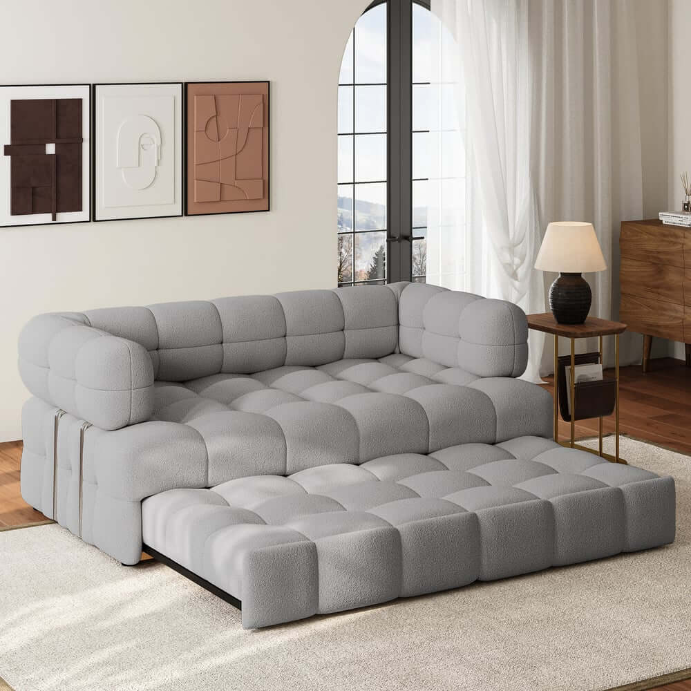 Modern Boucle Sofa Bed With Flared Arms And Pine Frame