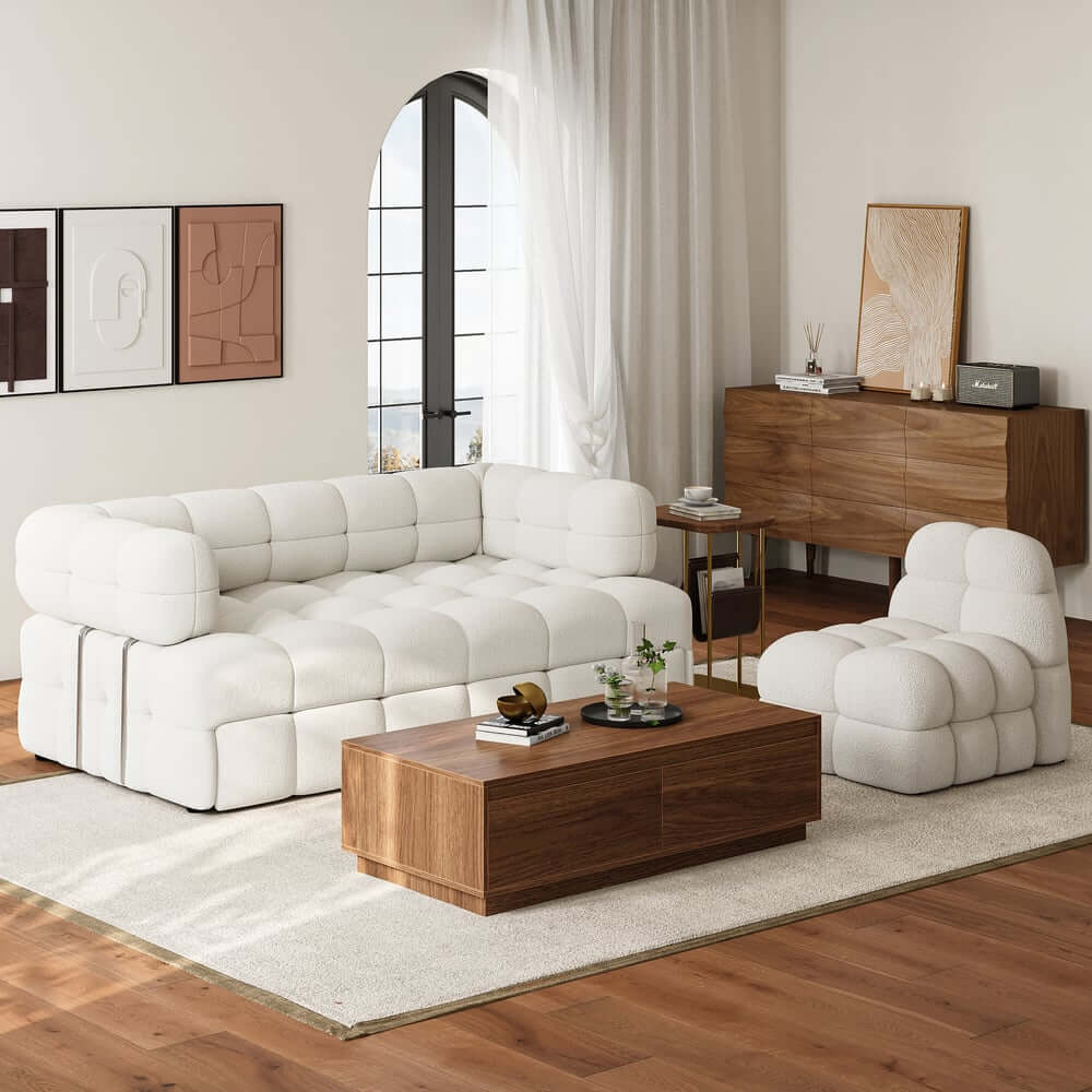 Modern Boucle Sofa Bed With Flared Arms And Pine Frame