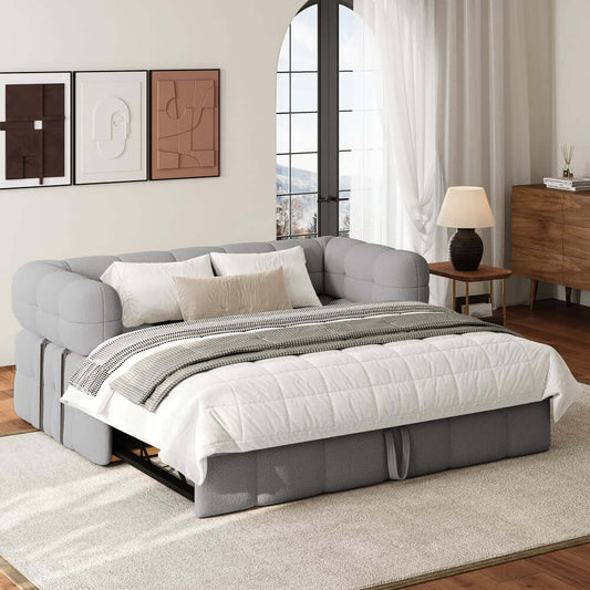 Modern Boucle Sofa Bed With Flared Arms And Pine Frame