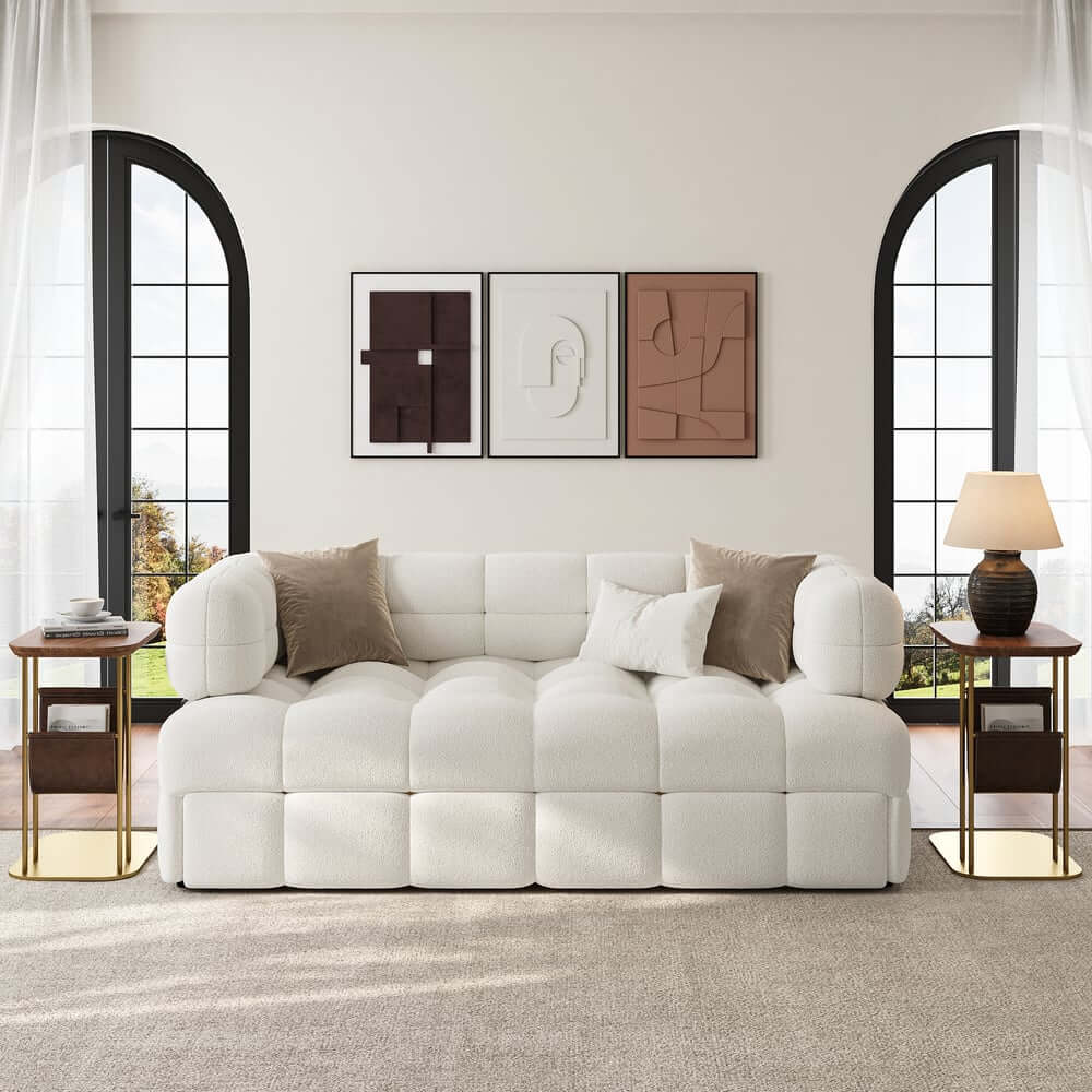 Modern Boucle Sofa Bed With Flared Arms And Pine Frame