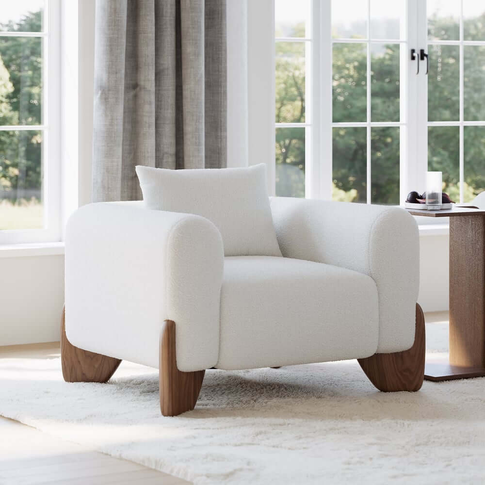 Modern Boucle Sofa Set With Coffee Table & Walnut Legs