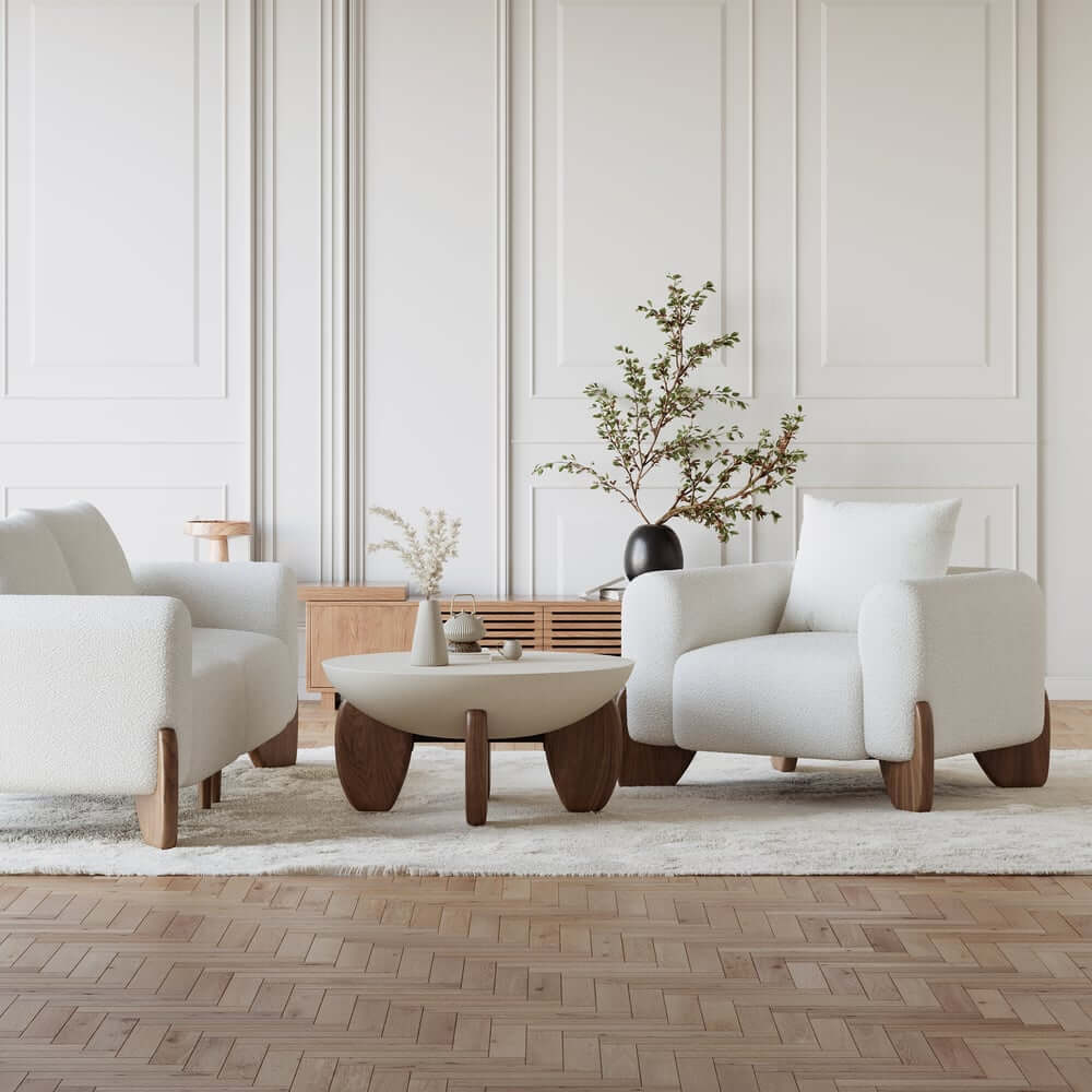 Modern Boucle Sofa Set With Coffee Table & Walnut Legs