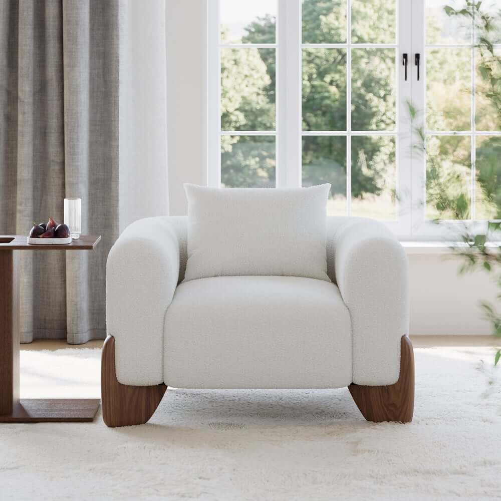 Modern Boucle Sofa Set With Coffee Table & Walnut Legs