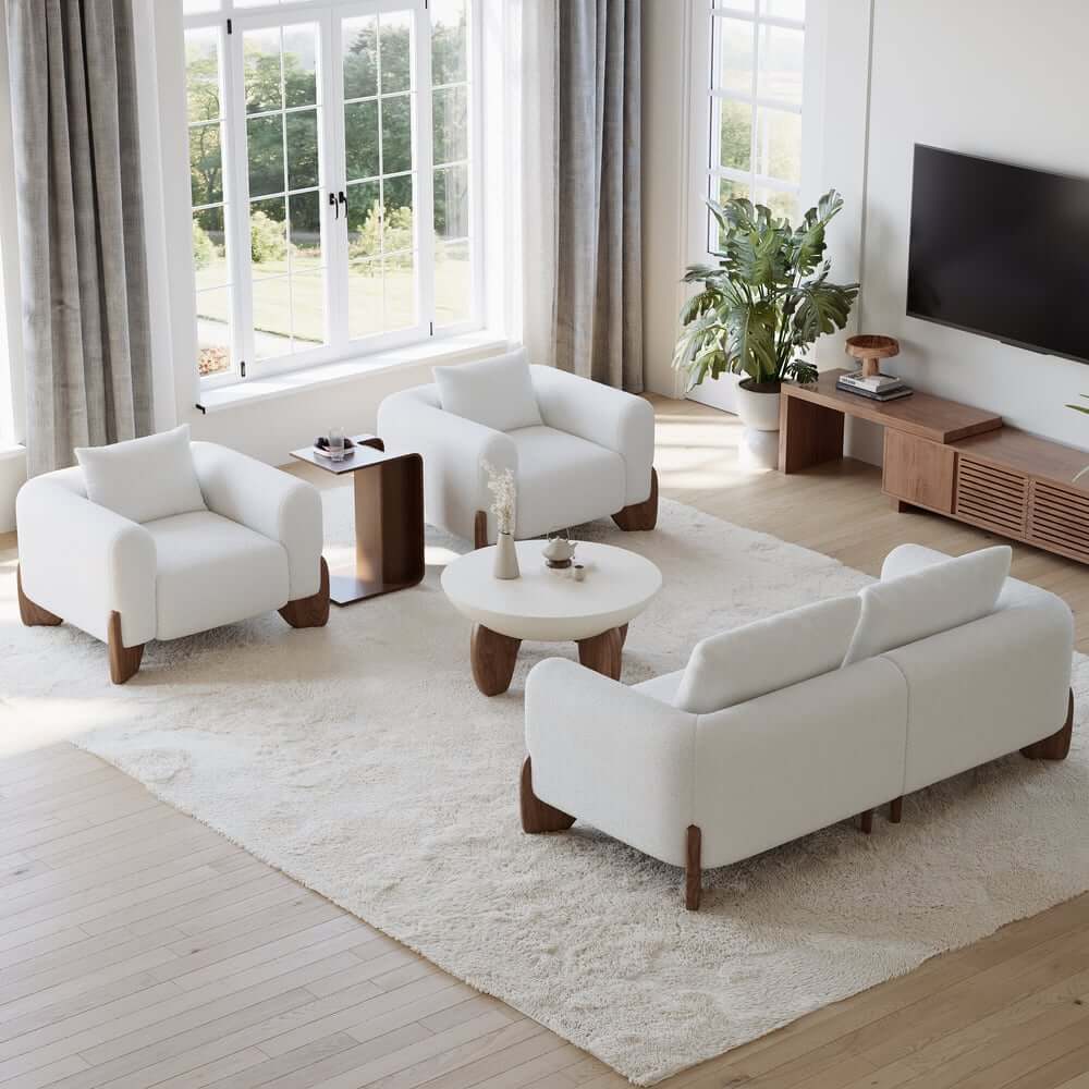 Modern Boucle Sofa Set With Coffee Table & Walnut Legs Main Product Image