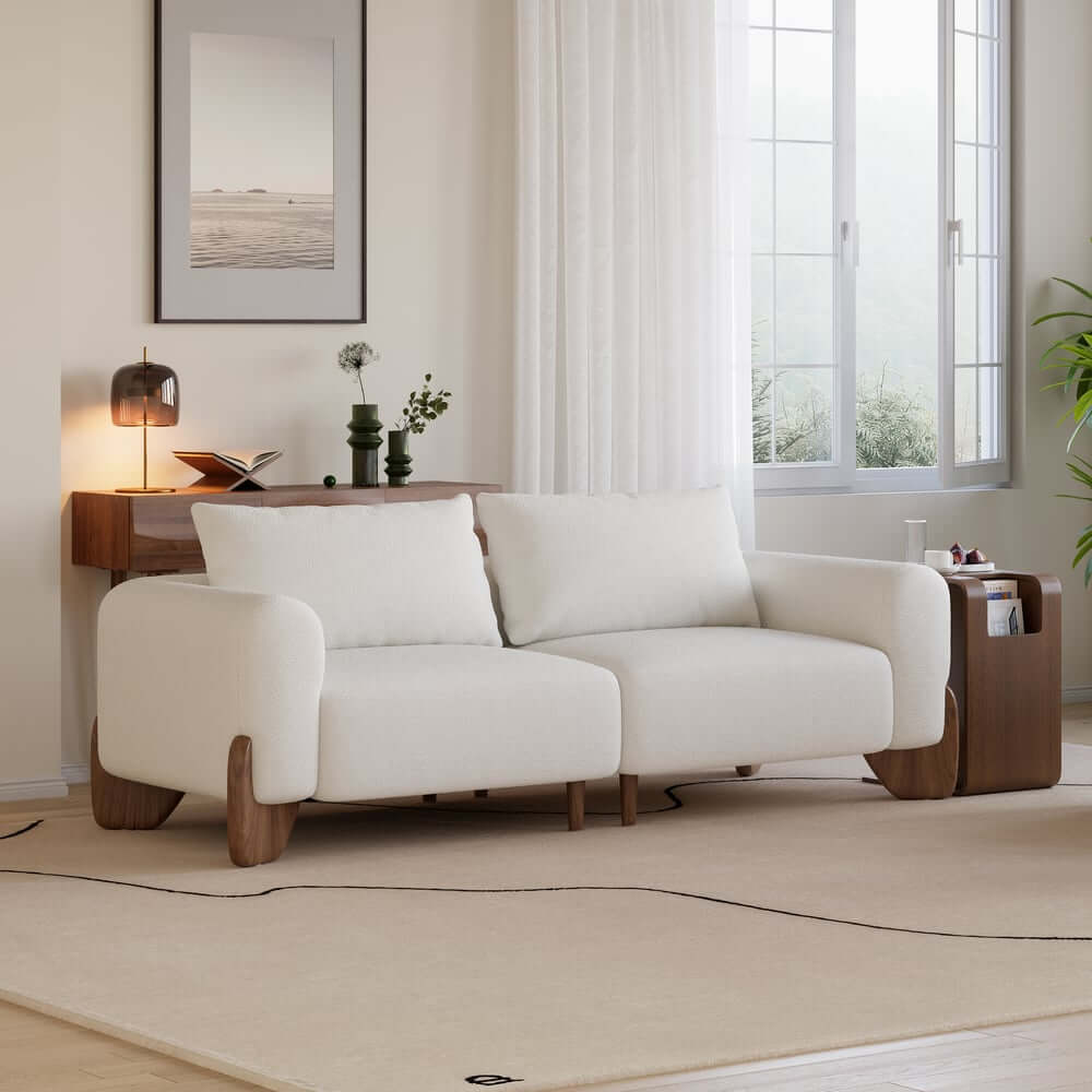Modern Boucle Sofa With Walnut Legs And Square Arms