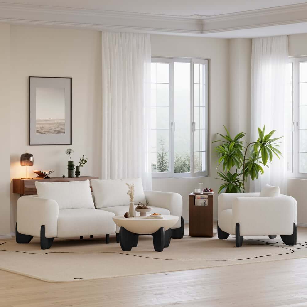 Modern Boucle Sofa With Walnut Legs And Square Arms