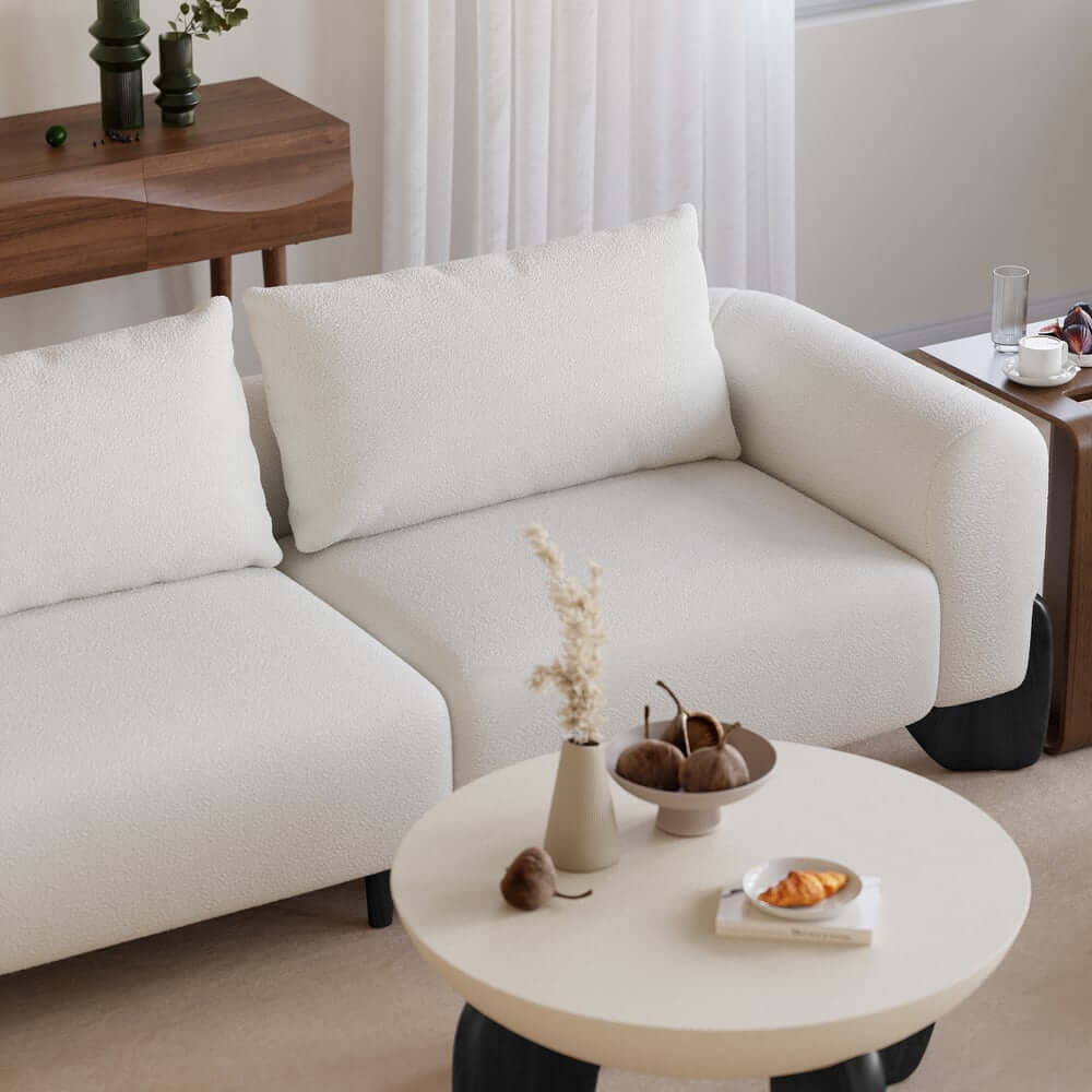 Modern Boucle Sofa With Walnut Legs And Square Arms