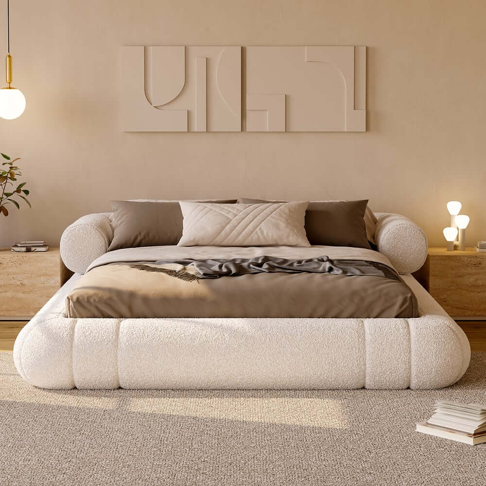 Modern Boucle Upholstered Bed with Circular Headboard