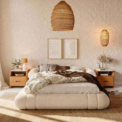 Modern Boucle Upholstered Bed with Circular Headboard